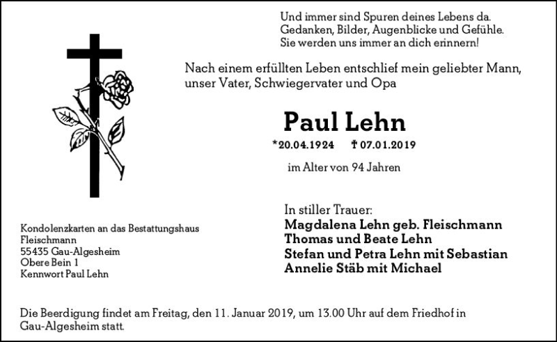  Traueranzeige für Paul Lehn vom 09.01.2019 aus vrm-trauer