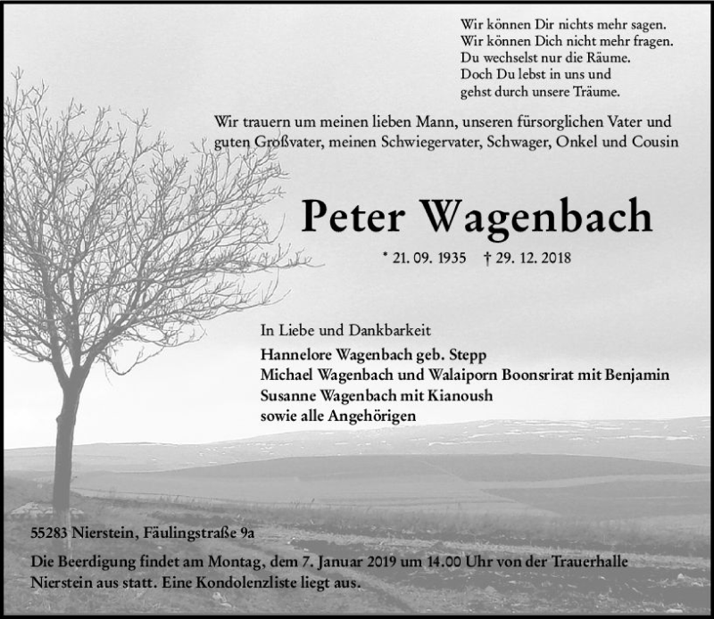  Traueranzeige für Peter Wagenbach vom 03.01.2019 aus vrm-trauer