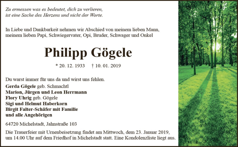  Traueranzeige für Philipp Gögele vom 19.01.2019 aus vrm-trauer