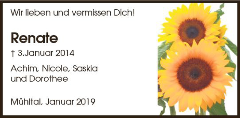  Traueranzeige für Renate Leißler vom 03.01.2019 aus vrm-trauer