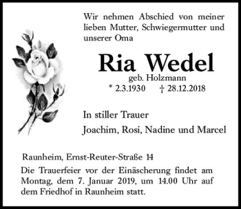 Traueranzeige von Ria Wedel von vrm-trauer