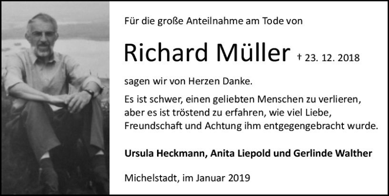  Traueranzeige für Richard Müller vom 19.01.2019 aus vrm-trauer