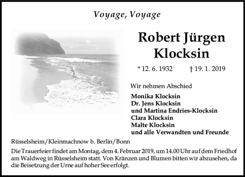  Traueranzeige für Robert Jürgen Klocksin vom 26.01.2019 aus vrm-trauer