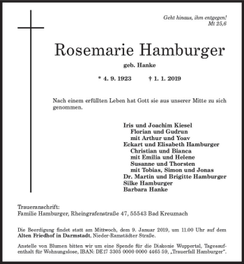 Traueranzeige von Rosemarie Hamburger von vrm-trauer