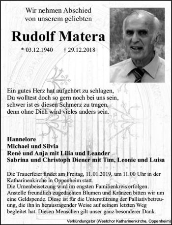 Traueranzeige von Rudolf Matera von vrm-trauer