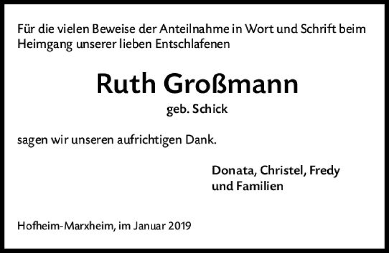  Traueranzeige für Ruth Großmann vom 18.01.2019 aus vrm-trauer