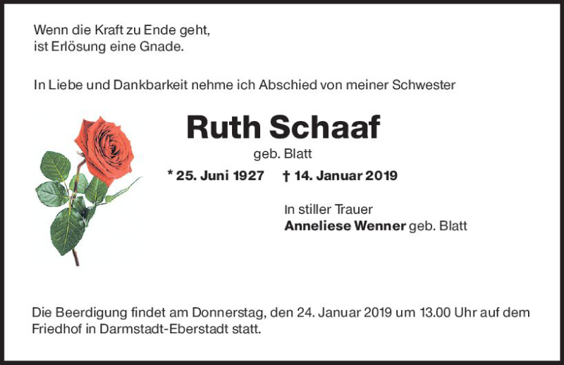  Traueranzeige für Ruth Schaaf vom 19.01.2019 aus vrm-trauer