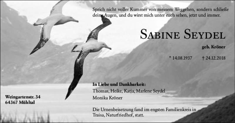  Traueranzeige für Sabine Seydel vom 10.01.2019 aus vrm-trauer