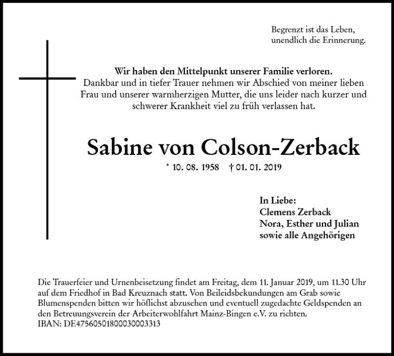  Traueranzeige für Sabine von Colson-Zerback vom 08.01.2019 aus vrm-trauer