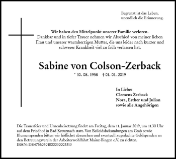 Traueranzeige von Sabine von Colson-Zerback von vrm-trauer