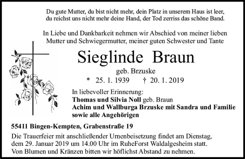  Traueranzeige für Sieglinde Braun vom 23.01.2019 aus vrm-trauer