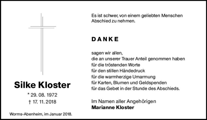  Traueranzeige für Silke Kloster vom 12.01.2019 aus vrm-trauer