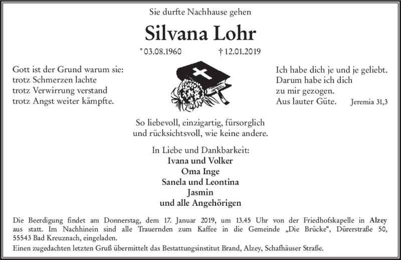  Traueranzeige für Silvana Lohr vom 15.01.2019 aus vrm-trauer
