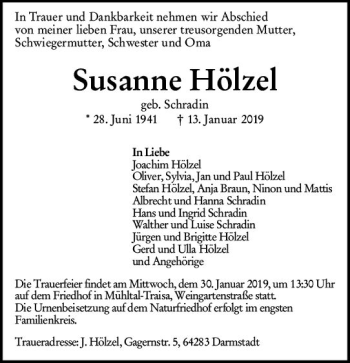 Traueranzeige von Susanne Hölzel von vrm-trauer