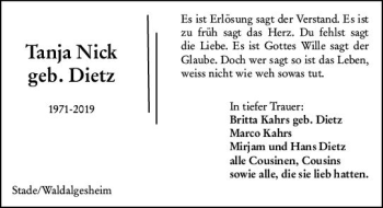Traueranzeige von Tanja Nick von vrm-trauer
