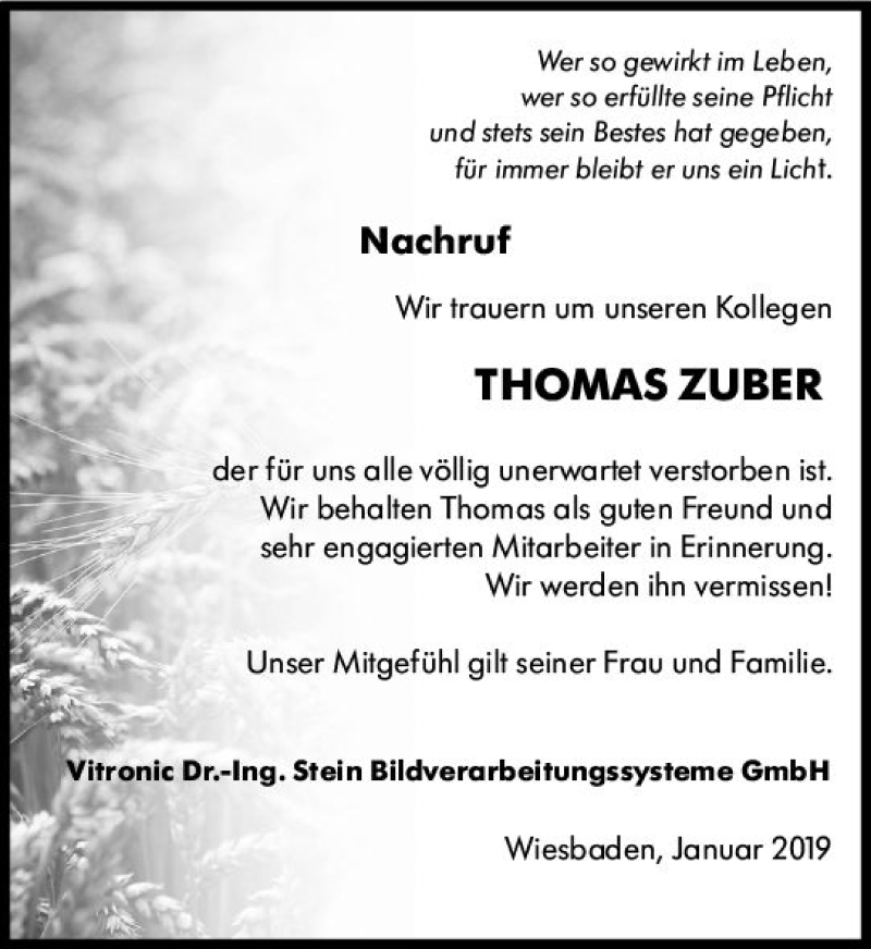  Traueranzeige für Thomas Zuber vom 26.01.2019 aus vrm-trauer