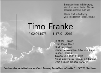 Traueranzeige von Timo Franke von vrm-trauer
