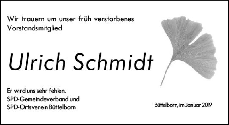  Traueranzeige für Ulrich Schmidt vom 12.01.2019 aus vrm-trauer