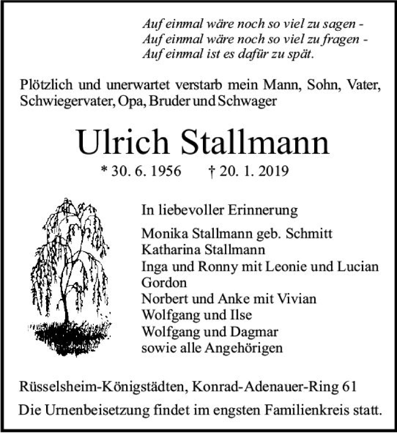  Traueranzeige für Ulrich Stallmann vom 26.01.2019 aus vrm-trauer