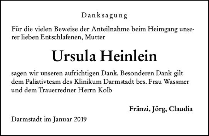  Traueranzeige für Ursula Heinlein vom 26.01.2019 aus vrm-trauer