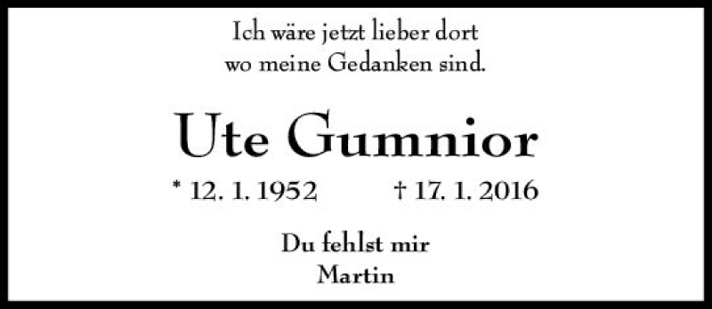  Traueranzeige für Ute Gumnior vom 17.01.2019 aus vrm-trauer