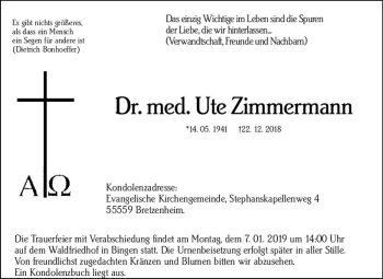 Traueranzeige von Ute Zimmermann von vrm-trauer