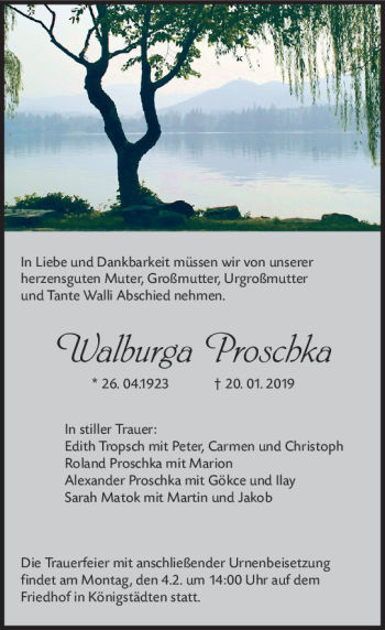 Traueranzeige von Walburga Proschka von vrm-trauer