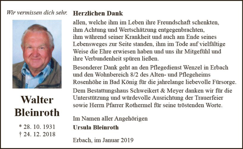  Traueranzeige für Walter Bleinroth vom 26.01.2019 aus vrm-trauer