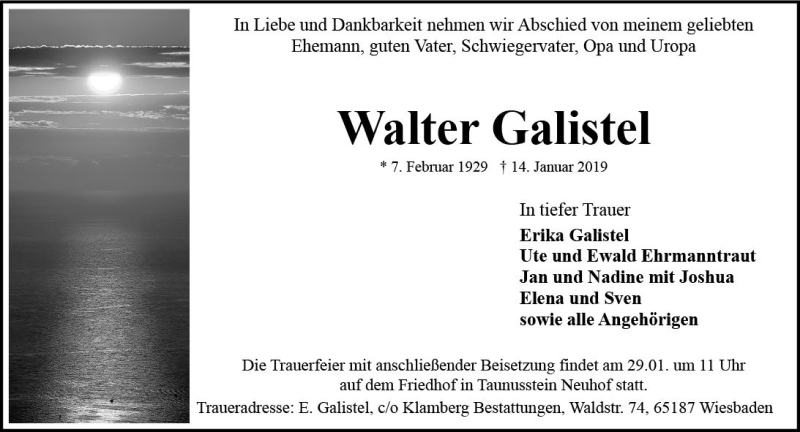  Traueranzeige für Walter Galistel vom 19.01.2019 aus vrm-trauer
