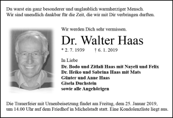 Traueranzeige von Walter Haas von vrm-trauer