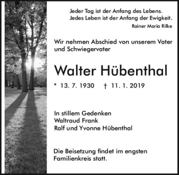 Traueranzeige von Walter Hübenthal von vrm-trauer