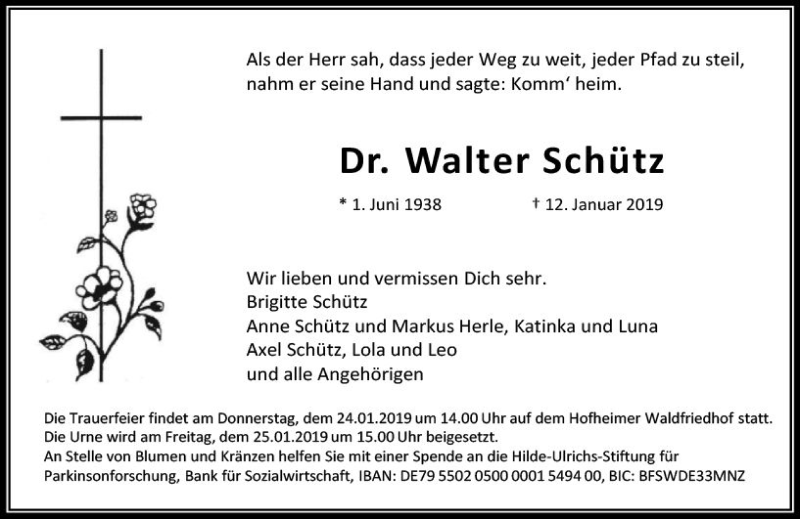  Traueranzeige für Walter Schütz vom 18.01.2019 aus vrm-trauer