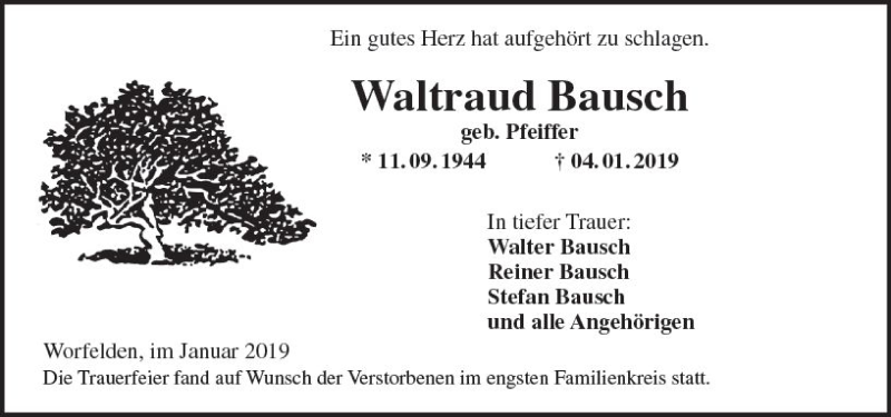  Traueranzeige für Waltraut Bausch vom 19.01.2019 aus vrm-trauer