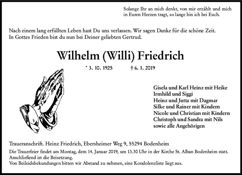  Traueranzeige für Wilhelm Friedrich vom 10.01.2019 aus vrm-trauer