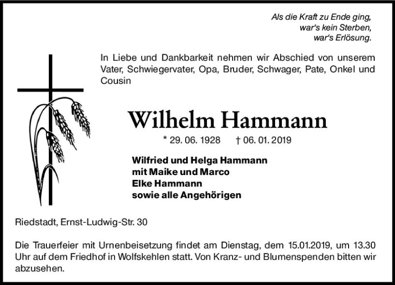  Traueranzeige für Wilhelm Hammann vom 12.01.2019 aus vrm-trauer
