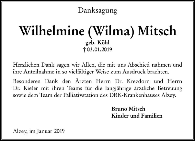  Traueranzeige für Wilhelmine Wilma Mitsch vom 26.01.2019 aus vrm-trauer