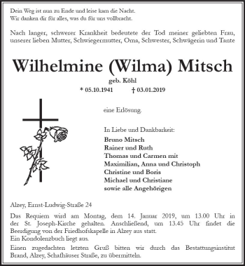 Traueranzeige von Wilhelmine Wilma Mitsch von vrm-trauer