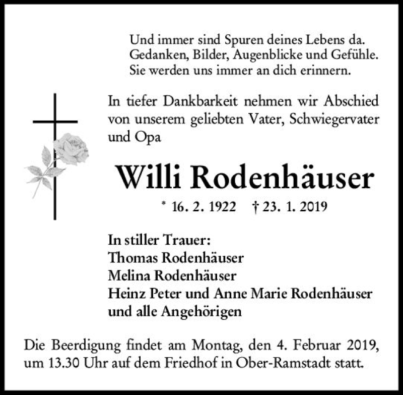  Traueranzeige für Willi Rodenhäuser vom 30.01.2019 aus vrm-trauer