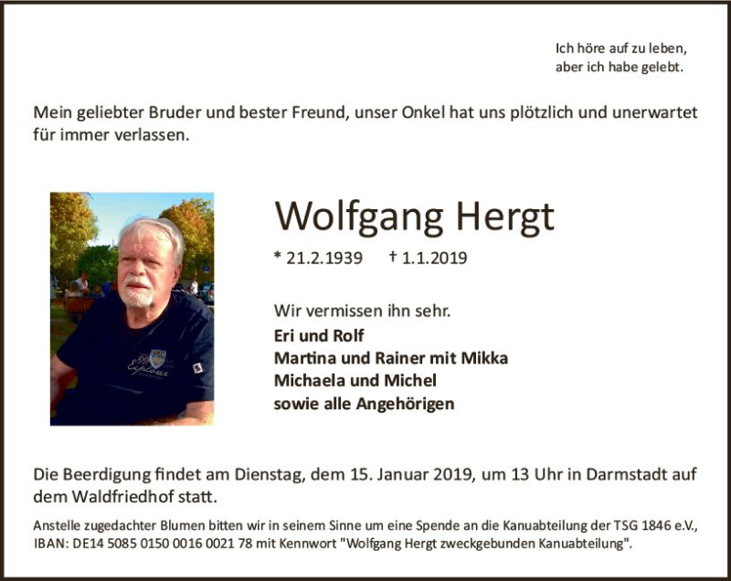  Traueranzeige für Wolfgang Hergt vom 09.01.2019 aus vrm-trauer