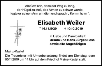 Traueranzeige von Elisabeth Weiler 