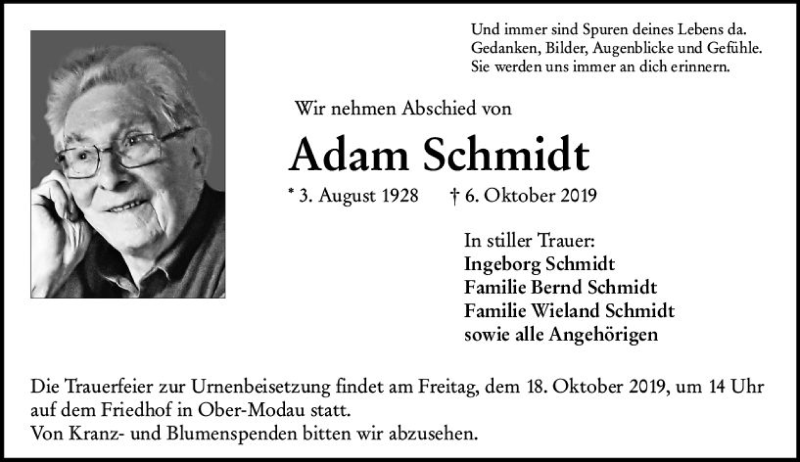  Traueranzeige für Adam Schmidt vom 16.10.2019 aus vrm-trauer