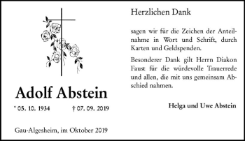 Traueranzeige von Adolf Abstein von vrm-trauer