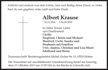 Traueranzeige von Albert Krause von vrm-trauer