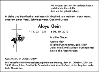 Traueranzeige von Aloys Klein von vrm-trauer