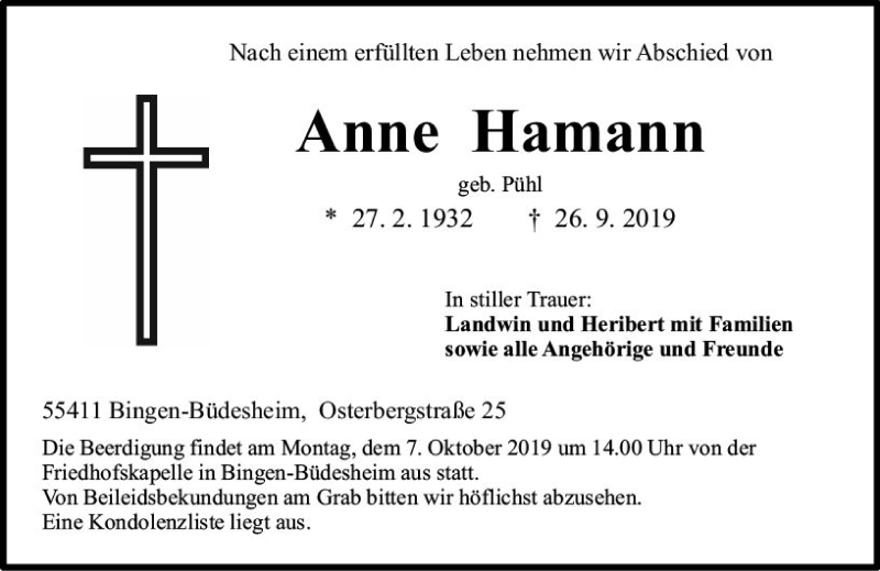  Traueranzeige für Anna Hamann vom 02.10.2019 aus vrm-trauer