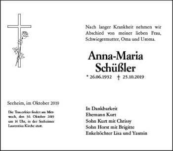 Traueranzeige von Anna-Maria Schüßler von vrm-trauer