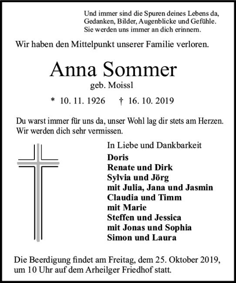  Traueranzeige für Anna Sommer vom 23.10.2019 aus vrm-trauer