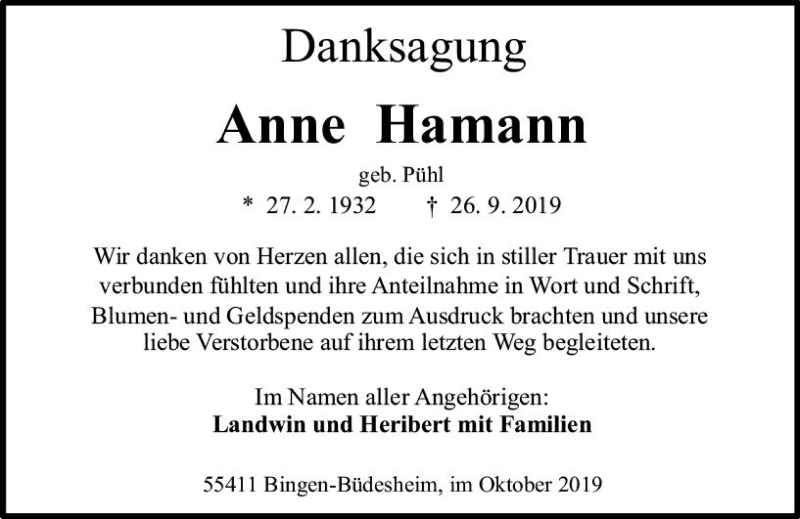  Traueranzeige für Anne Hamann vom 16.10.2019 aus vrm-trauer