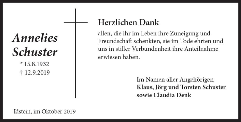  Traueranzeige für Annelies Schuster vom 26.10.2019 aus vrm-trauer