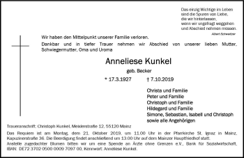 Traueranzeige von Anneliese Kunkel von vrm-trauer